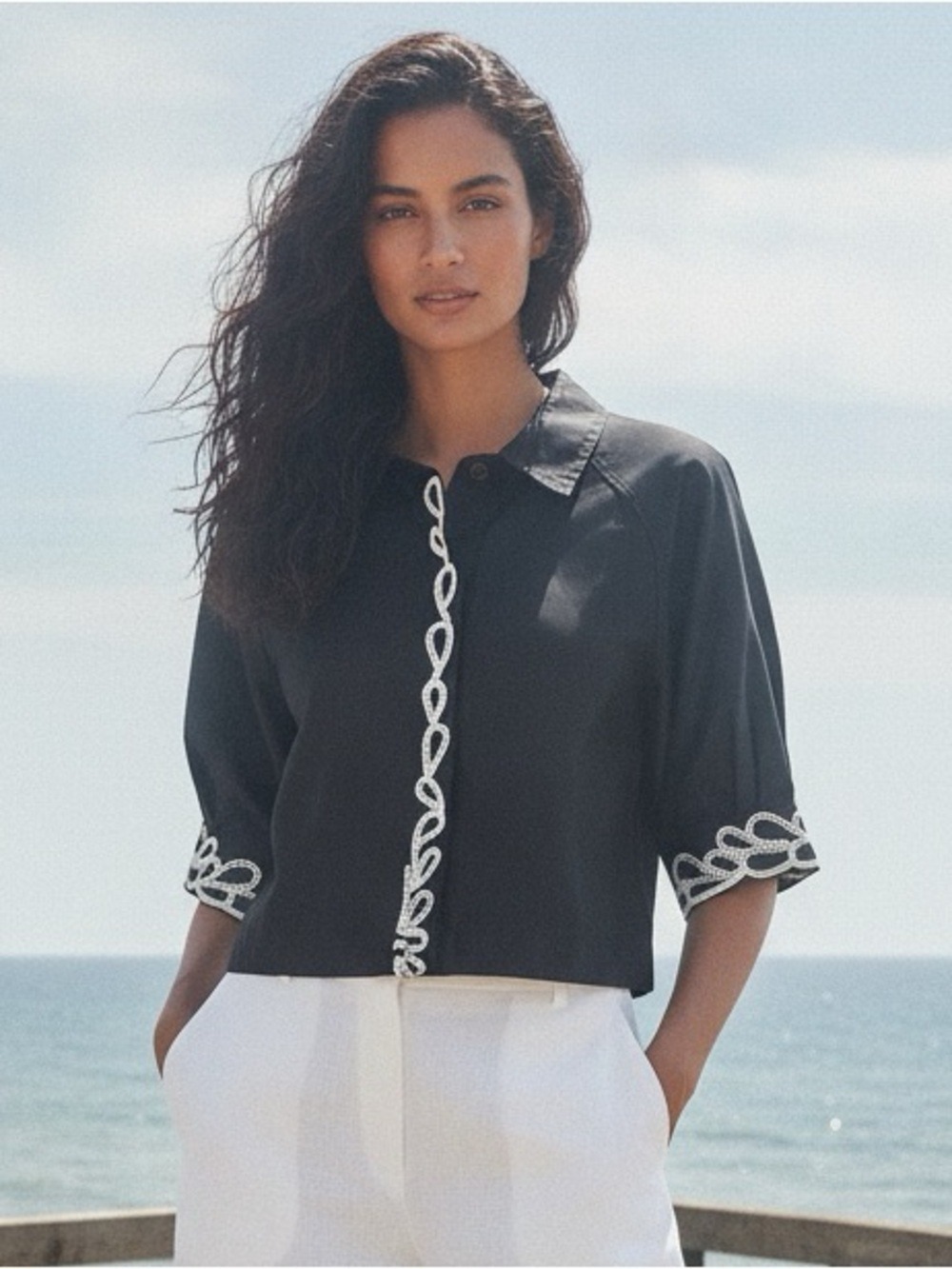 NWT Jason Wu Black & White Embroidered Trim Crop Top Blouse Sz XL Quiet Luxury